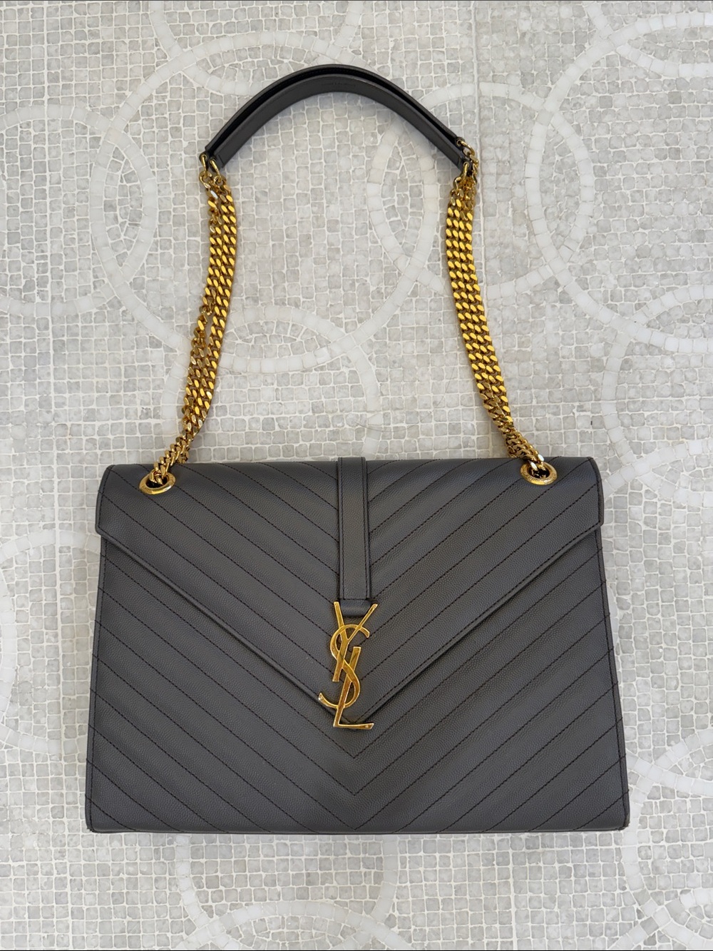 Saint Laurent Large Envelope  Shoulder Bag in Gray with Gold Hardware